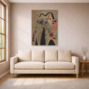 Gallery-wrapped canvas print of Joan Miró's 'The Poppy Serpent Dragging on a Field of Violets Populated by Mourning Lizards' displayed on a wall in a living room