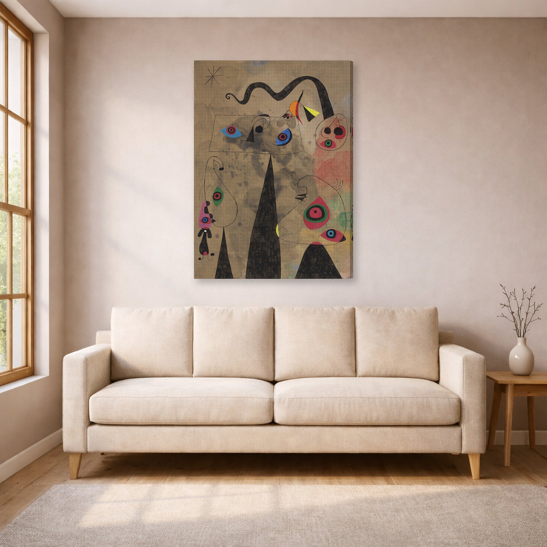 Gallery-wrapped canvas print of Joan Miró's 'The Poppy Serpent Dragging on a Field of Violets Populated by Mourning Lizards' displayed on a wall in a living room