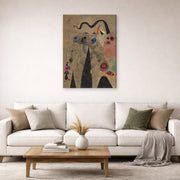 Gallery-wrapped canvas print of Joan Miró's 'The Poppy Serpent Dragging on a Field of Violets Populated by Mourning Lizards' displayed on a wall in a living room
