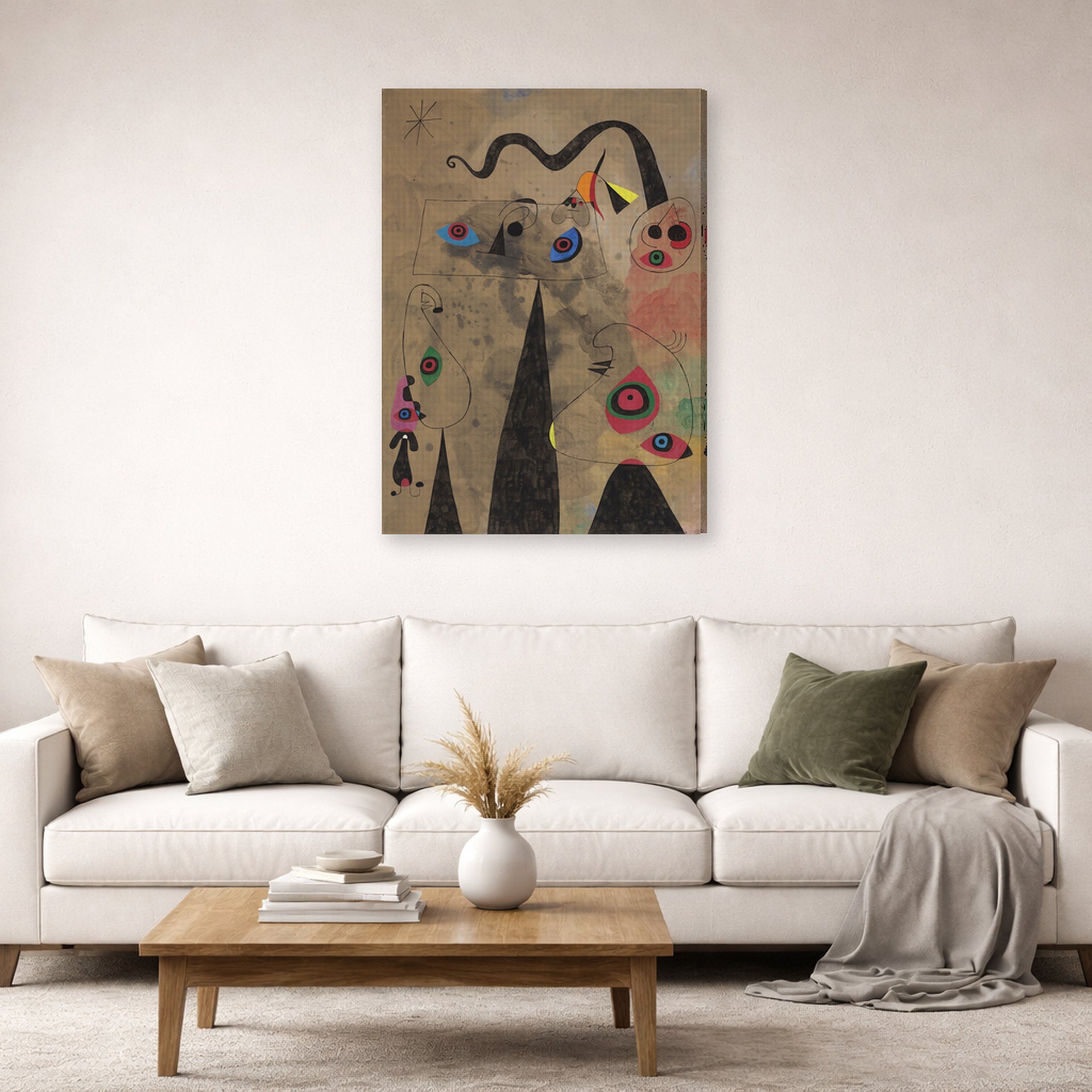 Gallery-wrapped canvas print of Joan Miró's 'The Poppy Serpent Dragging on a Field of Violets Populated by Mourning Lizards' displayed on a wall in a living room