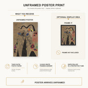 Joan Miró - The Poppy Serpent Dragging on a Field of Violets Populated by Mourning Lizards poster print size comparison and framing display infographic
