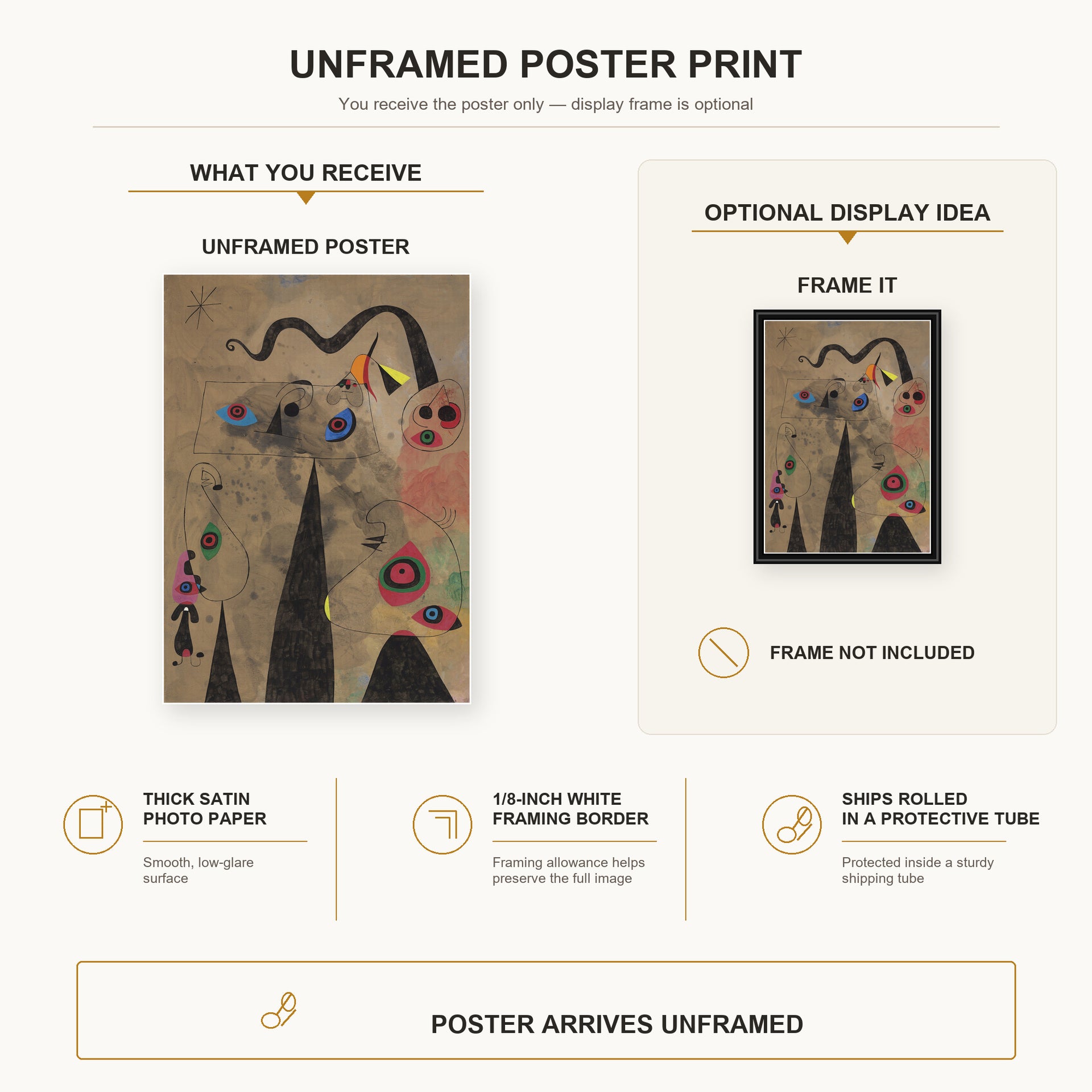 Joan Miró - The Poppy Serpent Dragging on a Field of Violets Populated by Mourning Lizards poster print size comparison and framing display infographic