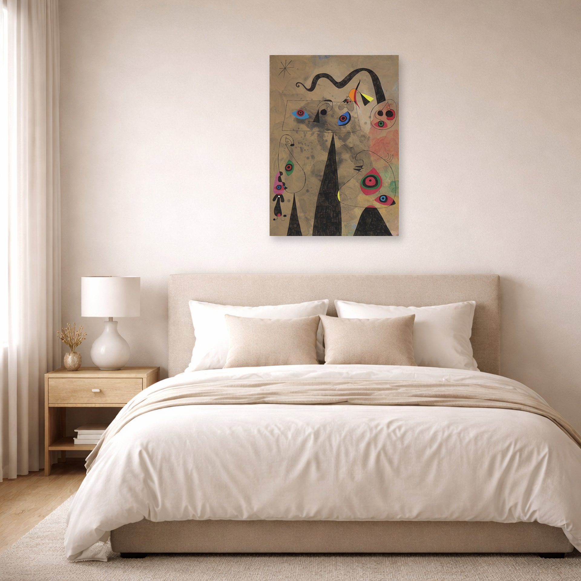 Unframed poster print of Joan Miró's 'The Poppy Serpent Dragging on a Field of Violets Populated by Mourning Lizards' displayed on a wall in a bedroom