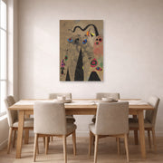 Unframed poster print of Joan Miró's 'The Poppy Serpent Dragging on a Field of Violets Populated by Mourning Lizards' displayed on a wall in a dining room