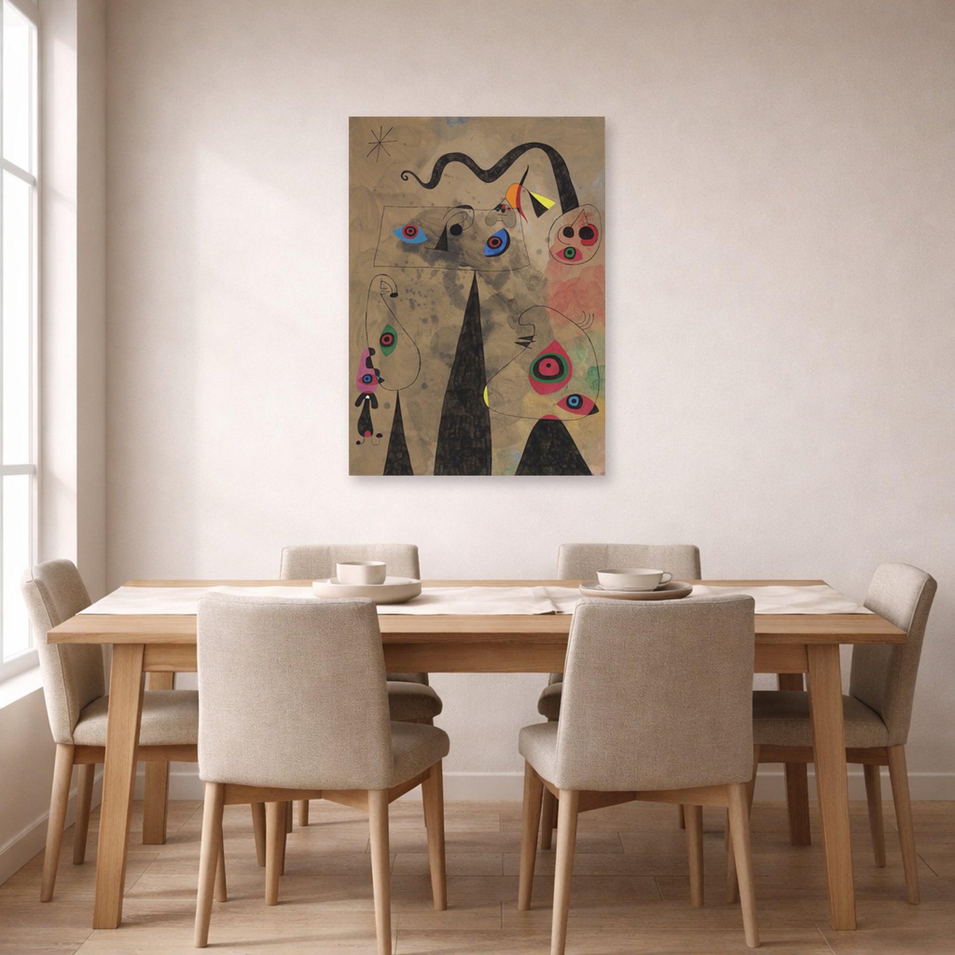 Unframed poster print of Joan Miró's 'The Poppy Serpent Dragging on a Field of Violets Populated by Mourning Lizards' displayed on a wall in a dining room