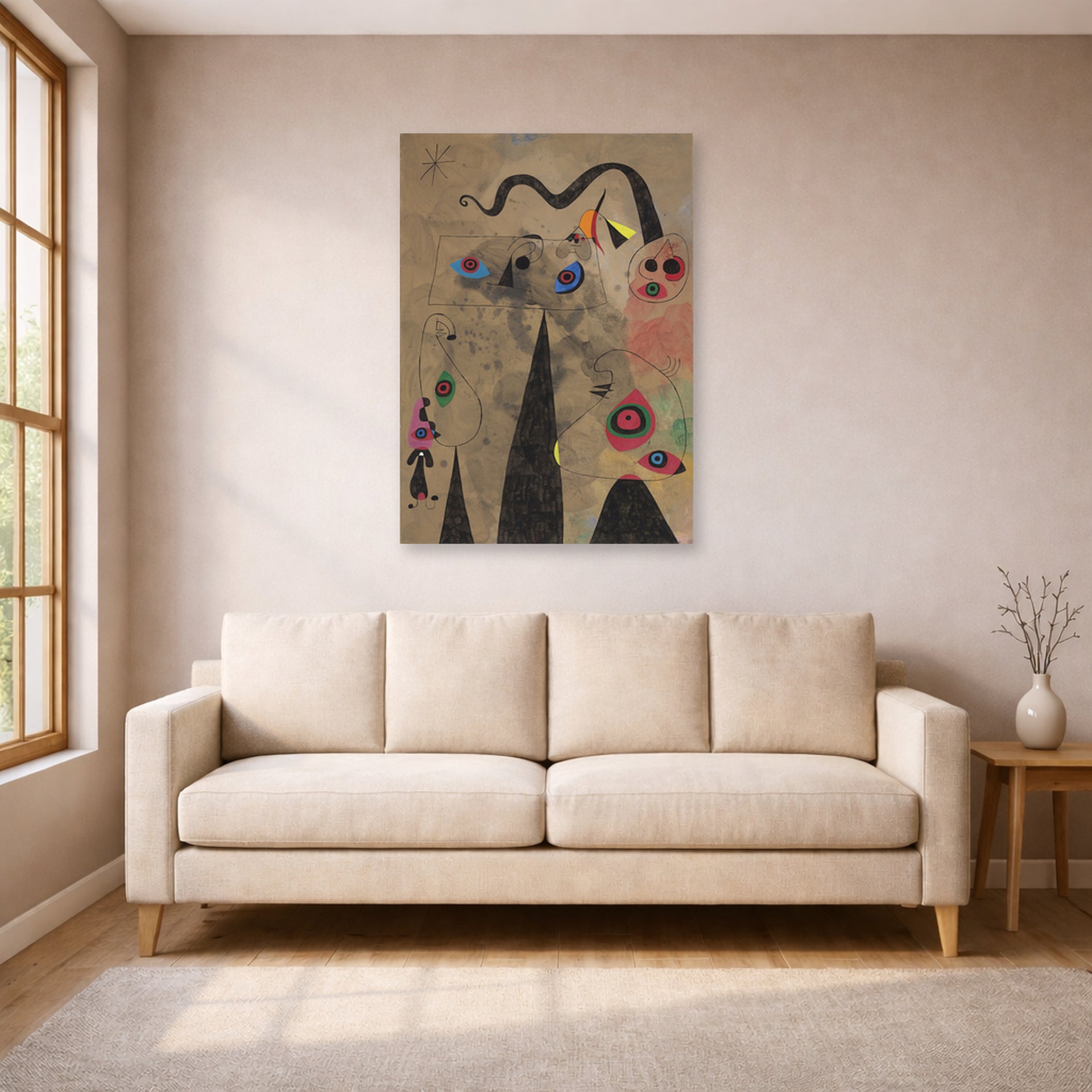 Unframed poster print of Joan Miró's 'The Poppy Serpent Dragging on a Field of Violets Populated by Mourning Lizards' displayed on a wall in a living room