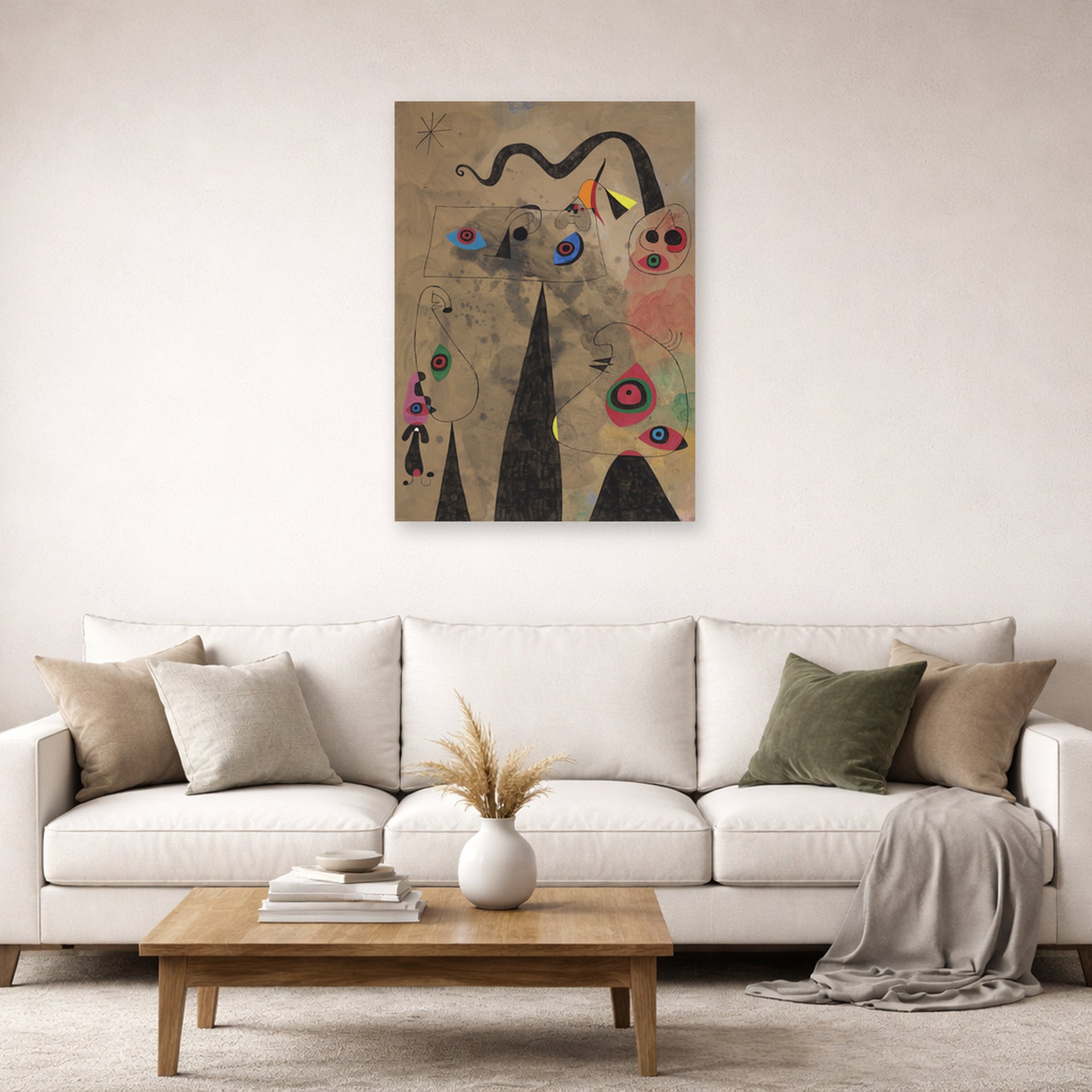 Unframed poster print of Joan Miró's 'The Poppy Serpent Dragging on a Field of Violets Populated by Mourning Lizards' displayed on a wall in a living room