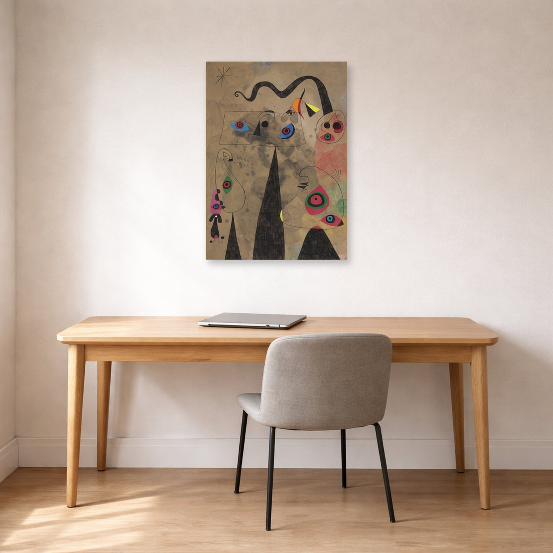 Unframed poster print of Joan Miró's 'The Poppy Serpent Dragging on a Field of Violets Populated by Mourning Lizards' displayed on a wall in a office