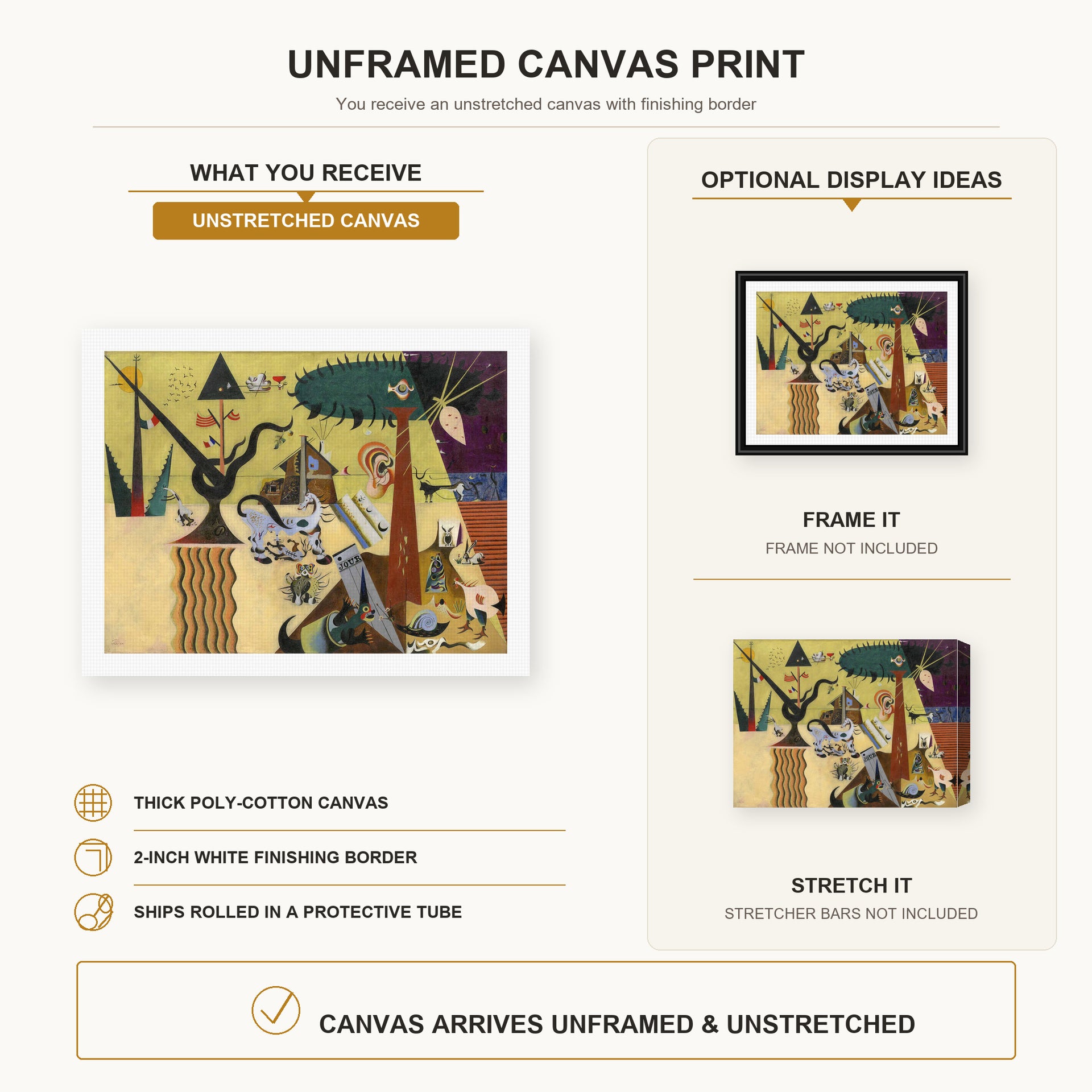 Joan Miró - The Tilled Field canvas print size comparison and framing display infographic