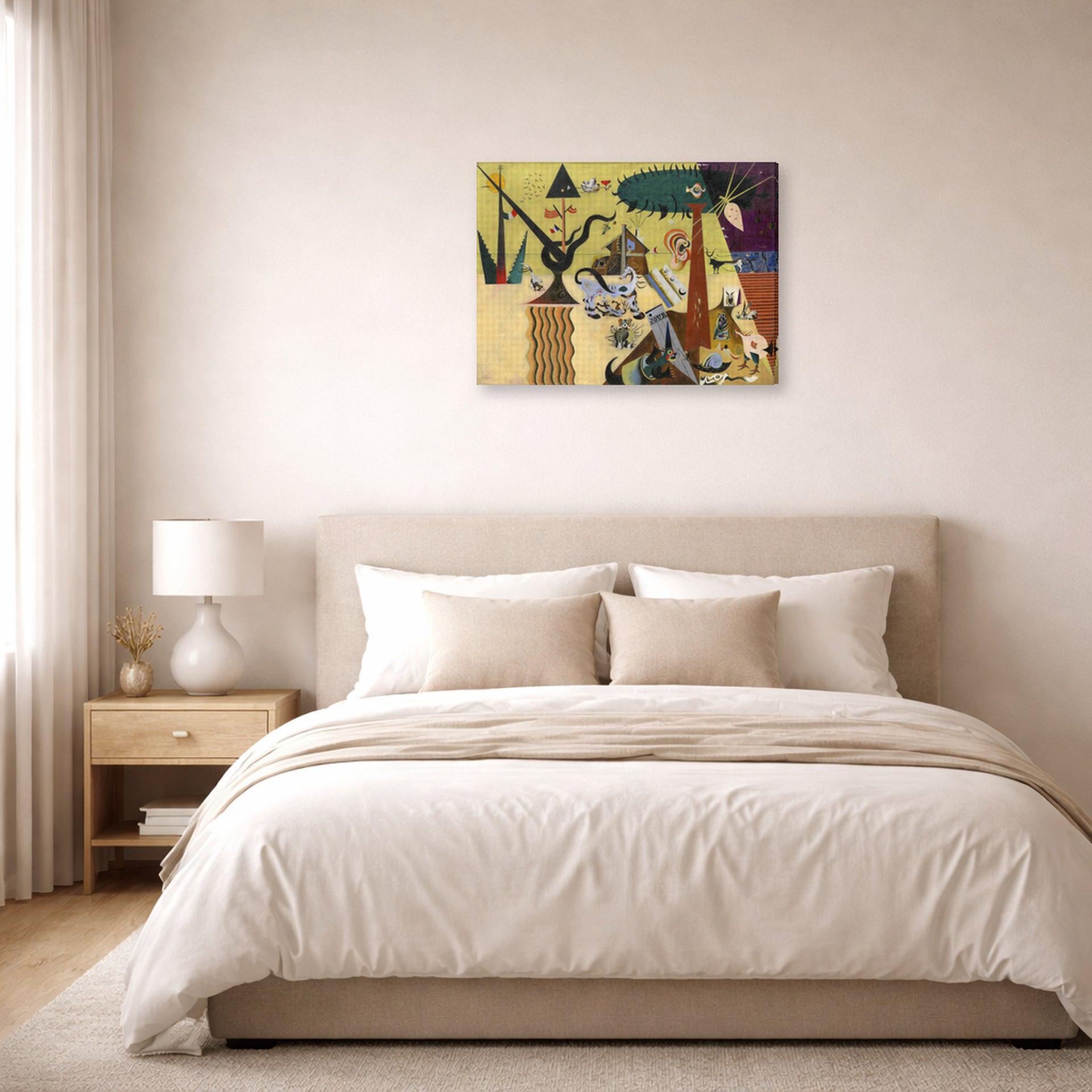 Gallery-wrapped canvas print of Joan Miró's 'The Tilled Field' displayed on a wall in a bedroom