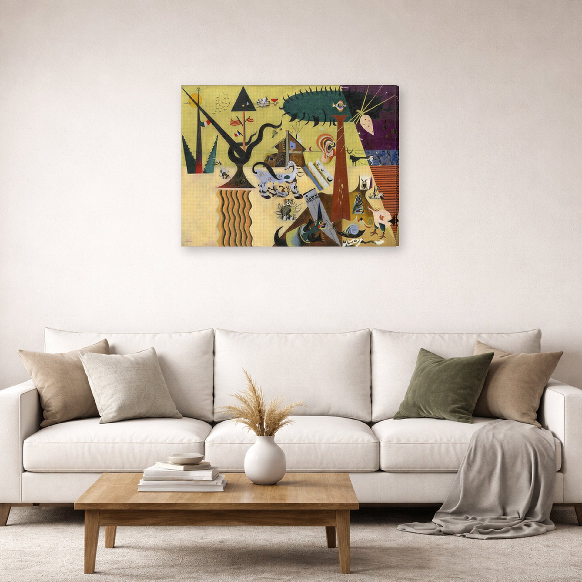 Gallery-wrapped canvas print of Joan Miró's 'The Tilled Field' displayed on a wall in a living room