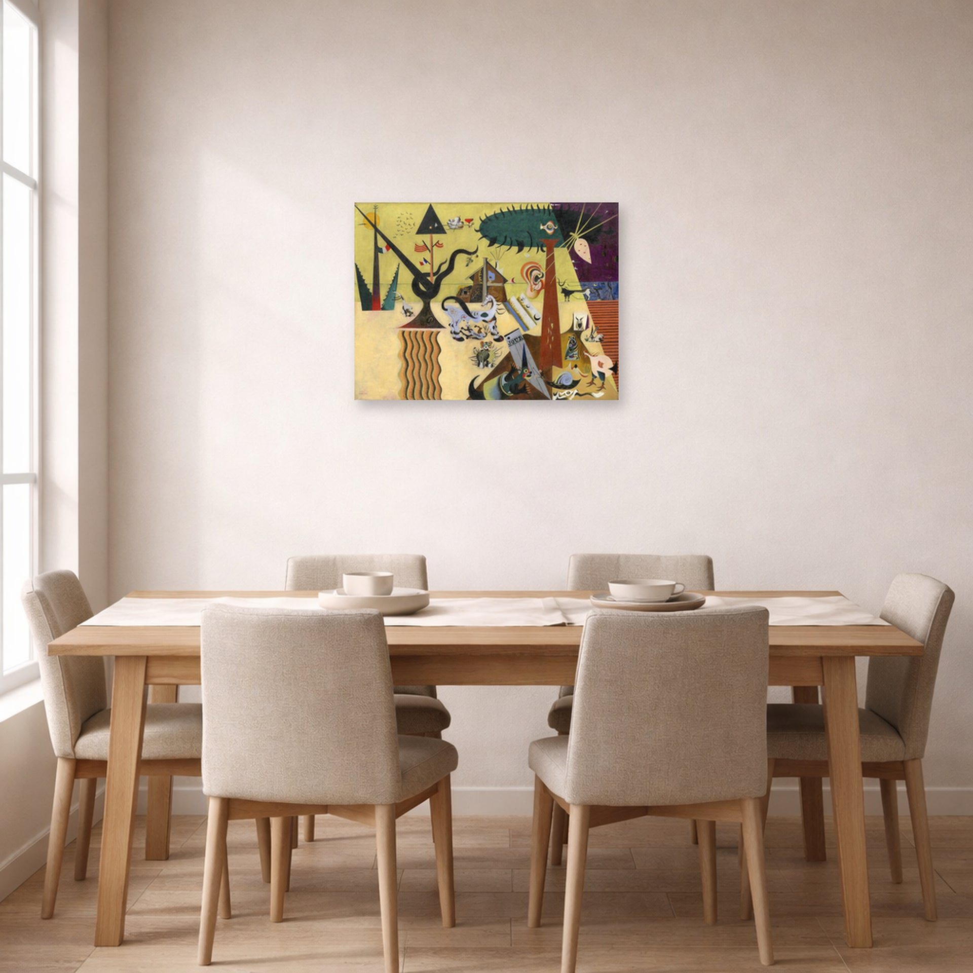 Unframed poster print of Joan Miró's 'The Tilled Field' displayed on a wall in a dining room