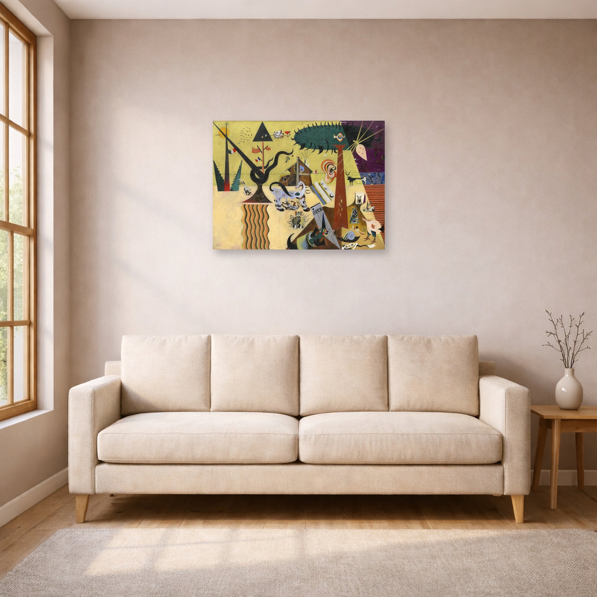 Unframed poster print of Joan Miró's 'The Tilled Field' displayed on a wall in a living room