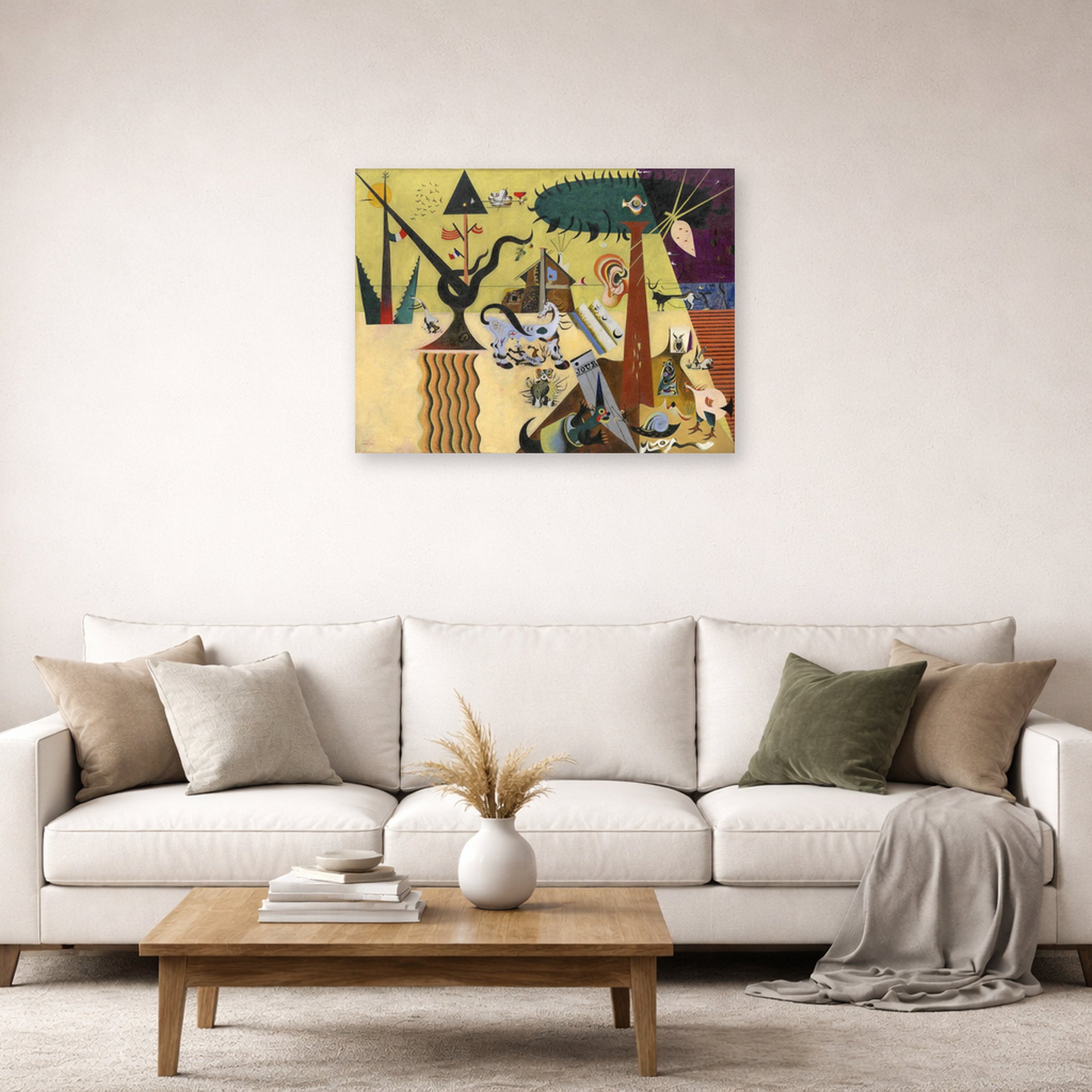 Unframed poster print of Joan Miró's 'The Tilled Field' displayed on a wall in a living room