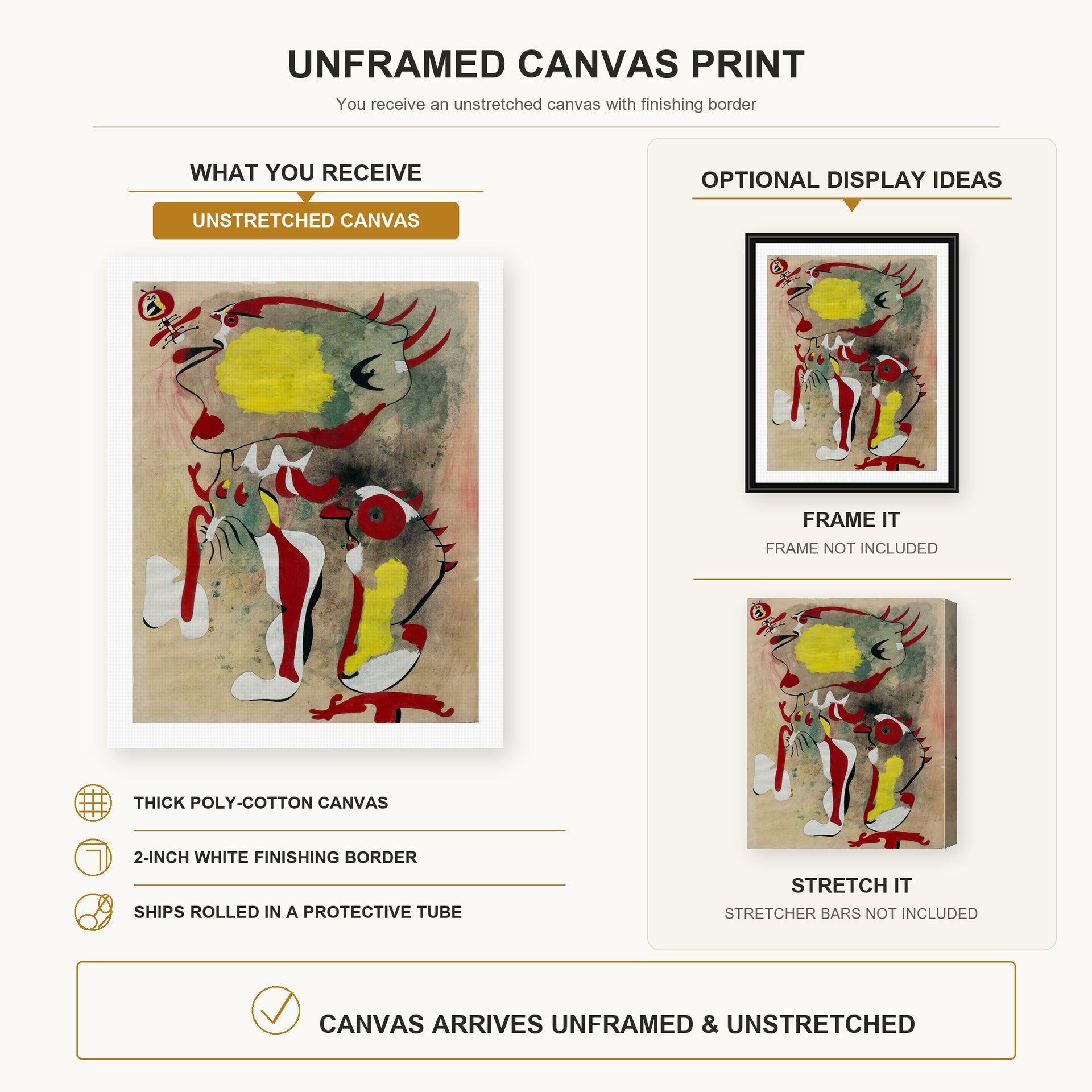Joan Miró - Two Figures and a Dragonfly canvas print size comparison and framing display infographic