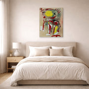 Gallery-wrapped canvas print of Joan Miró's 'Two Figures and a Dragonfly' displayed on a wall in a bedroom