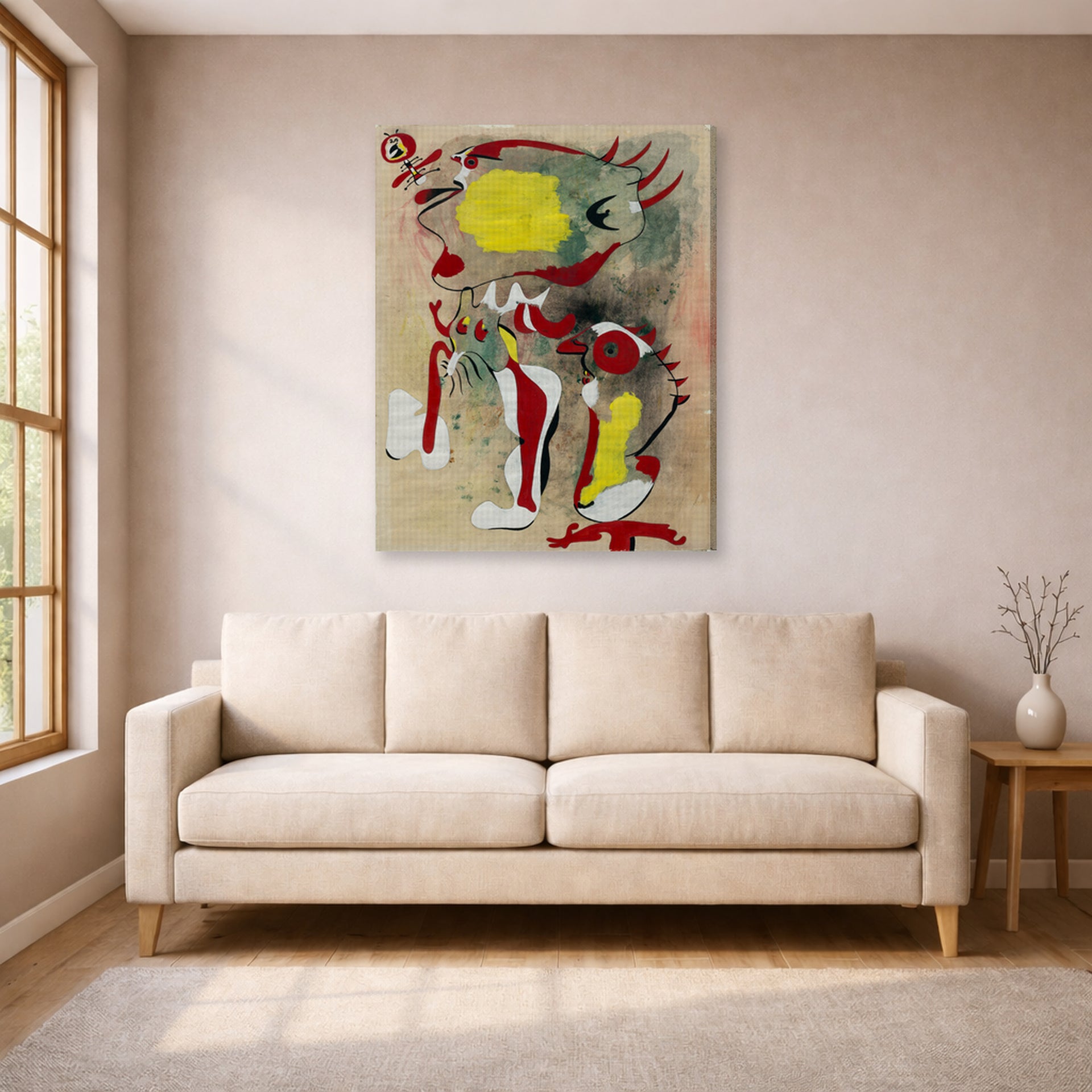 Gallery-wrapped canvas print of Joan Miró's 'Two Figures and a Dragonfly' displayed on a wall in a living room
