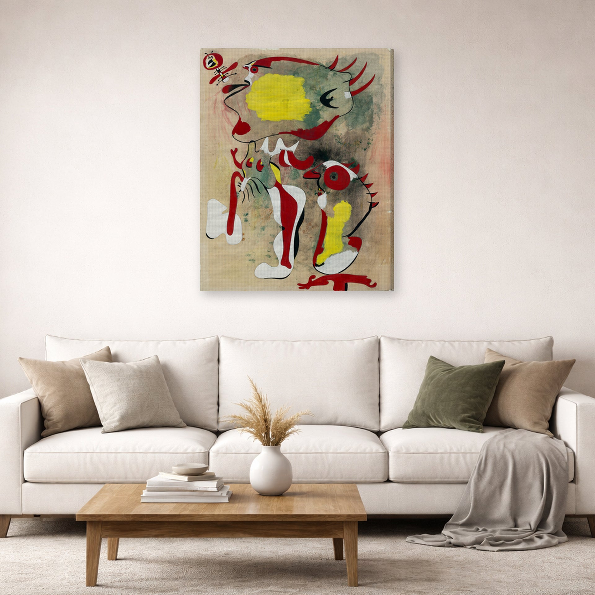 Gallery-wrapped canvas print of Joan Miró's 'Two Figures and a Dragonfly' displayed on a wall in a living room