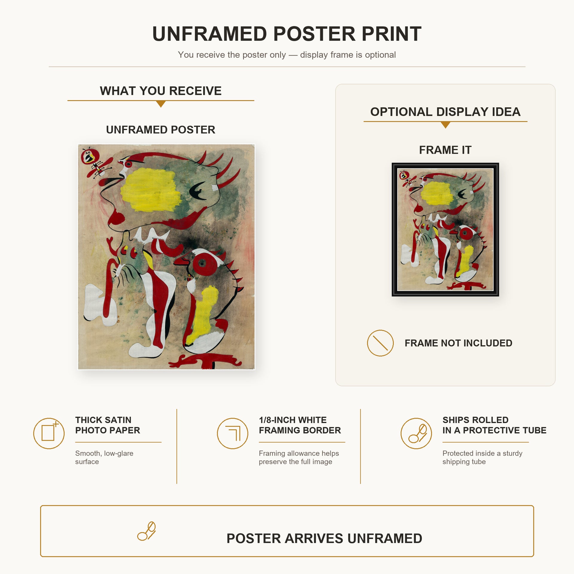 Joan Miró - Two Figures and a Dragonfly poster print size comparison and framing display infographic