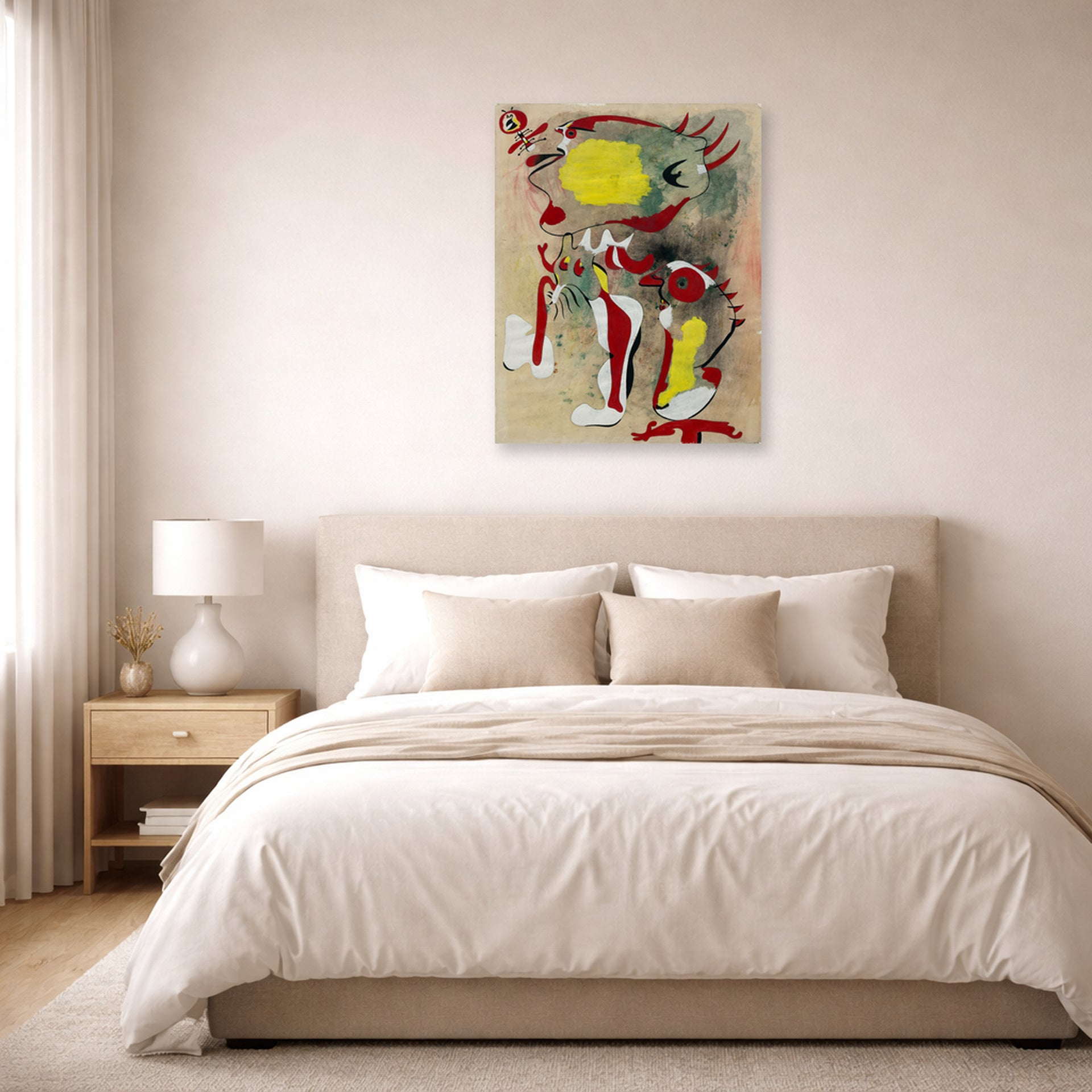 Unframed poster print of Joan Miró's 'Two Figures and a Dragonfly' displayed on a wall in a bedroom