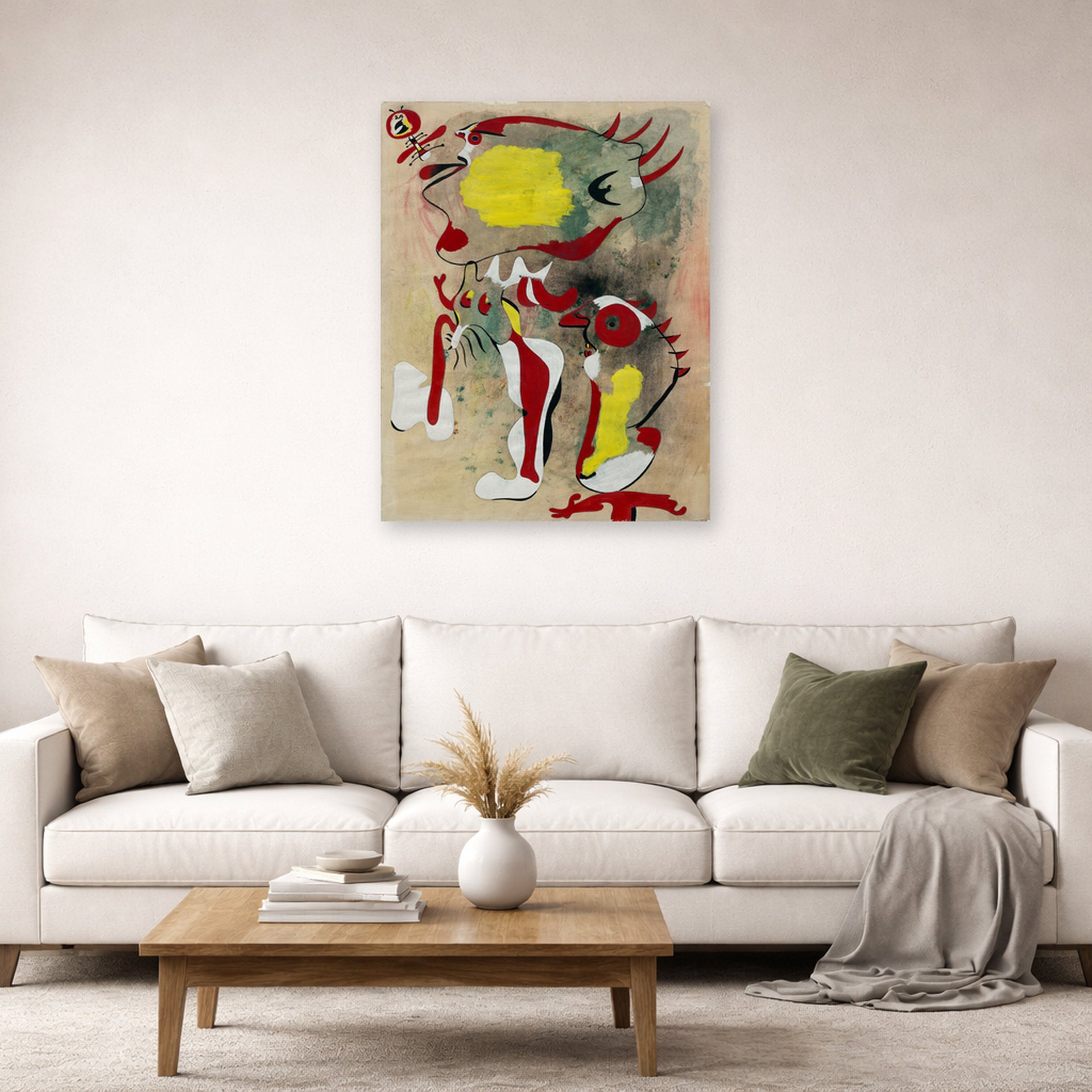 Unframed poster print of Joan Miró's 'Two Figures and a Dragonfly' displayed on a wall in a living room