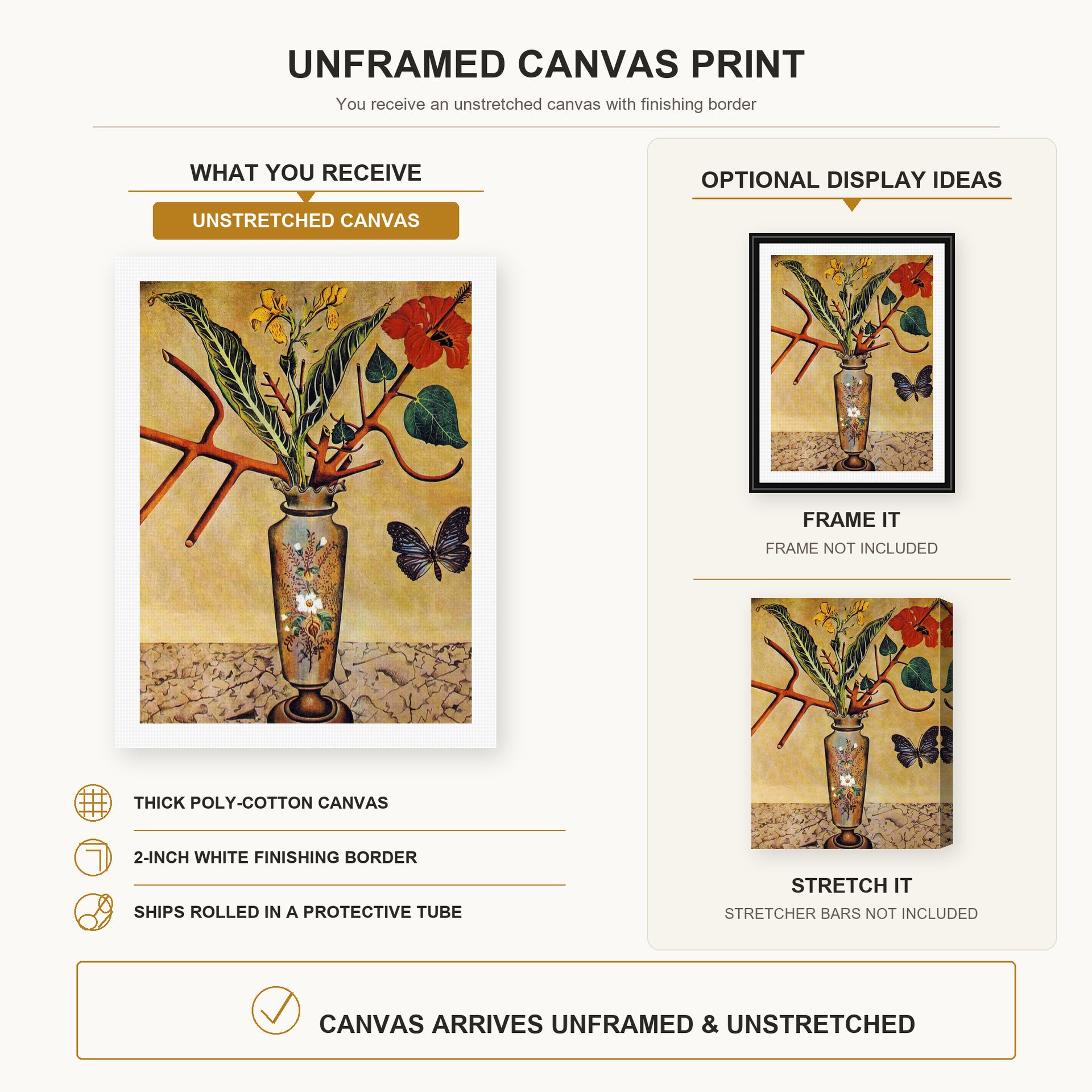 Joan Miró - Vase and Butterfly canvas print size comparison and framing display infographic