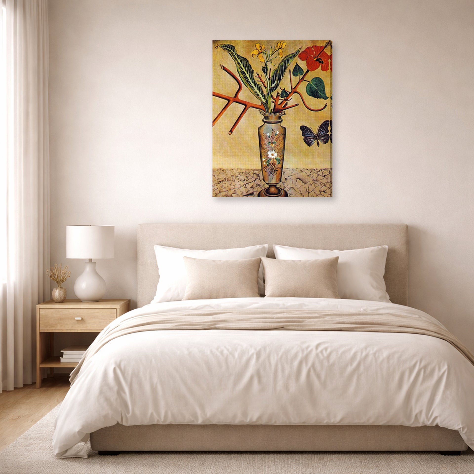 Gallery-wrapped canvas print of Joan Miró's 'Vase and Butterfly' displayed on a wall in a bedroom