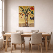 Gallery-wrapped canvas print of Joan Miró's 'Vase and Butterfly' displayed on a wall in a dining room
