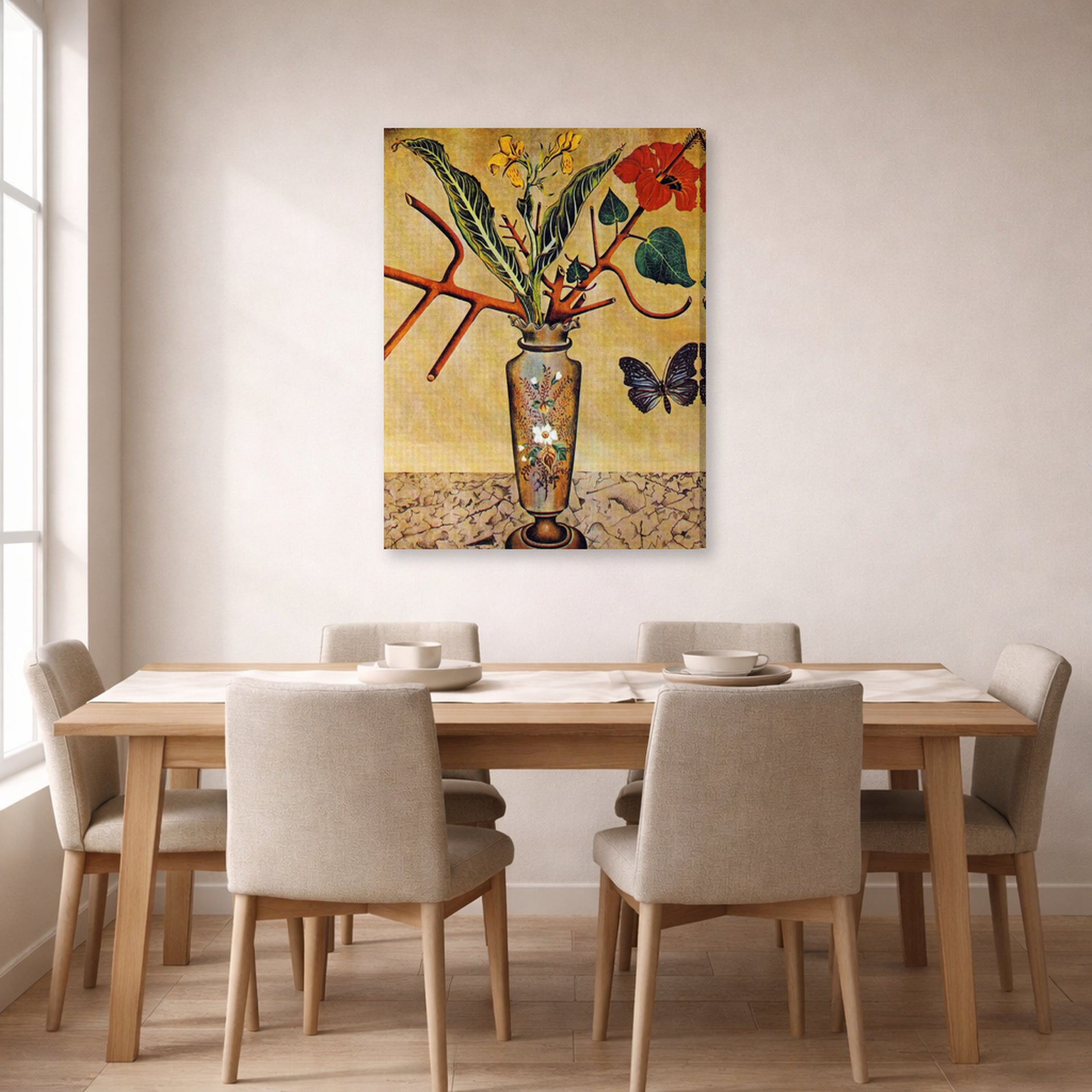 Gallery-wrapped canvas print of Joan Miró's 'Vase and Butterfly' displayed on a wall in a dining room