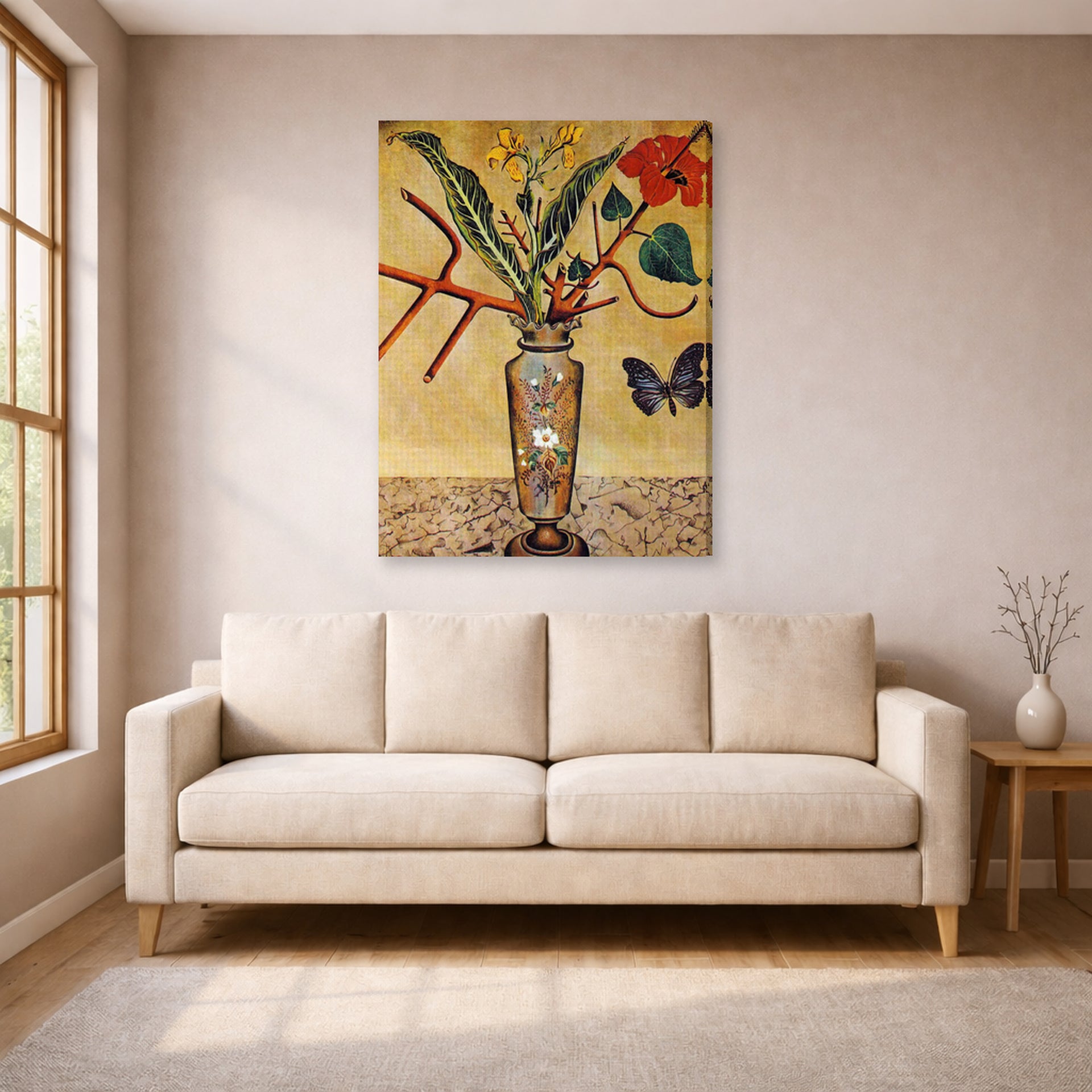 Gallery-wrapped canvas print of Joan Miró's 'Vase and Butterfly' displayed on a wall in a living room