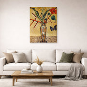 Gallery-wrapped canvas print of Joan Miró's 'Vase and Butterfly' displayed on a wall in a living room