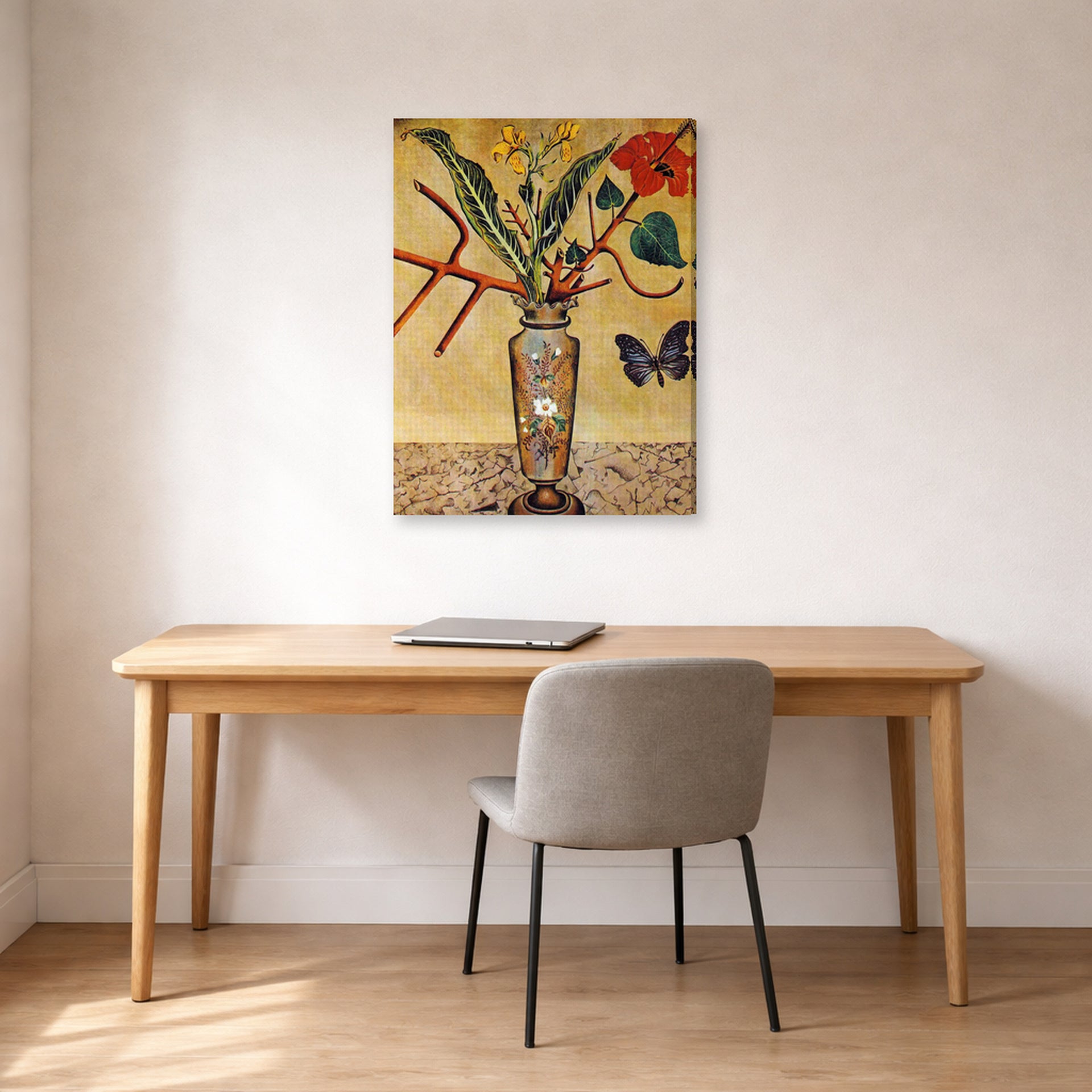 Gallery-wrapped canvas print of Joan Miró's 'Vase and Butterfly' displayed on a wall in a office