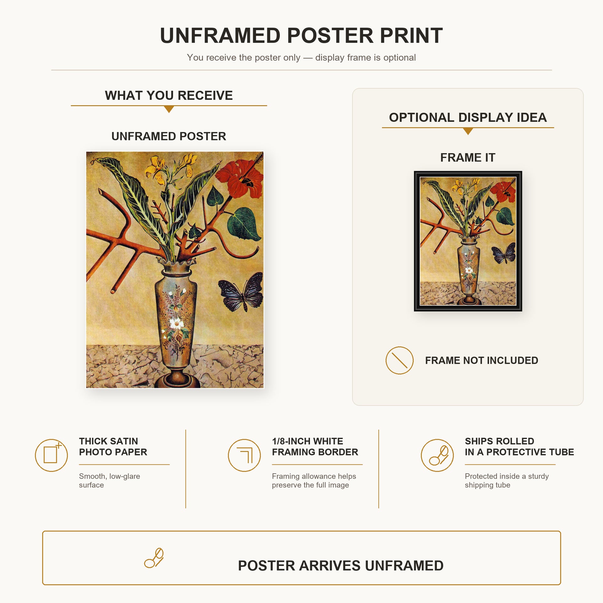 Joan Miró - Vase and Butterfly poster print size comparison and framing display infographic