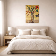Unframed poster print of Joan Miró's 'Vase and Butterfly' displayed on a wall in a bedroom