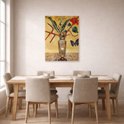Unframed poster print of Joan Miró's 'Vase and Butterfly' displayed on a wall in a dining room