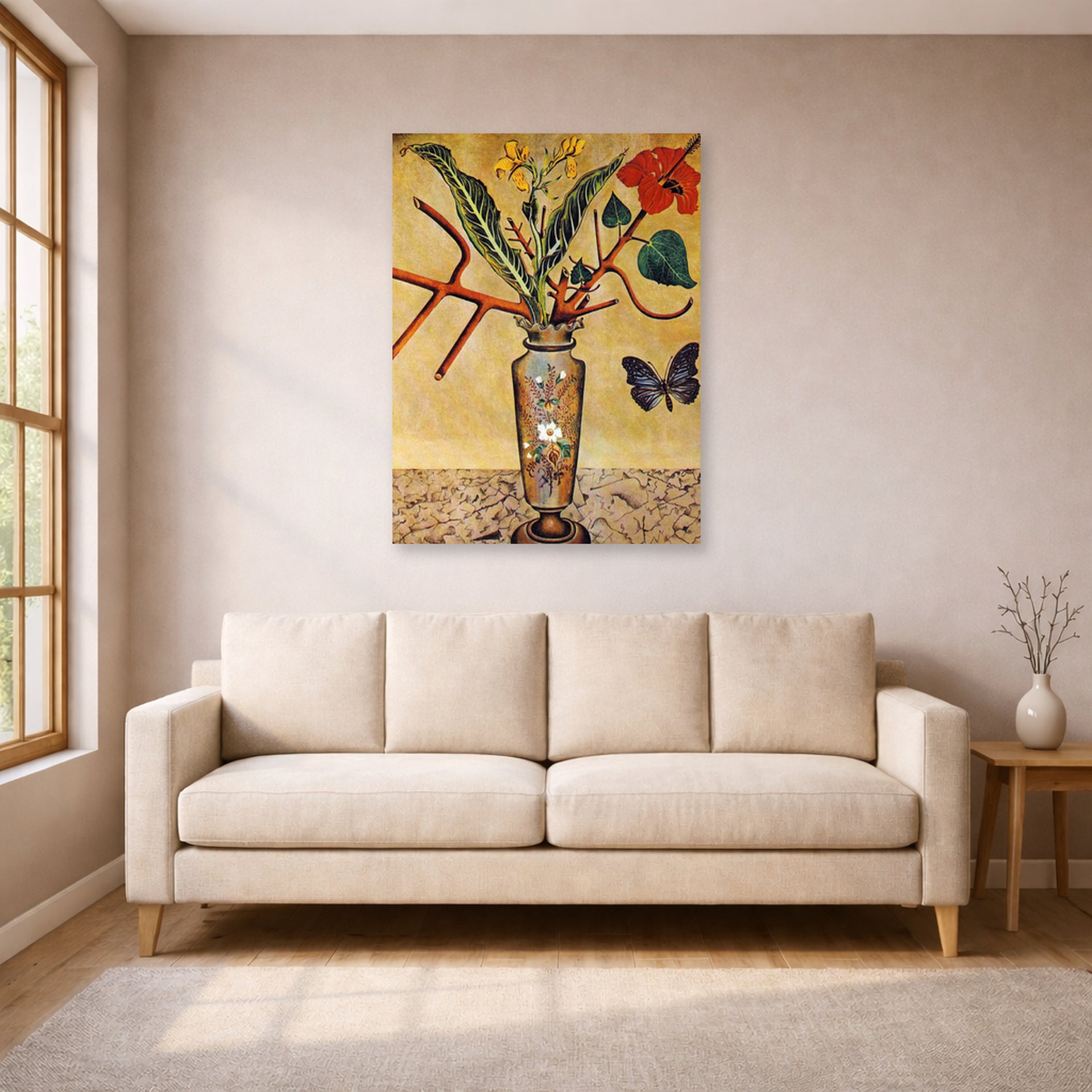 Unframed poster print of Joan Miró's 'Vase and Butterfly' displayed on a wall in a living room