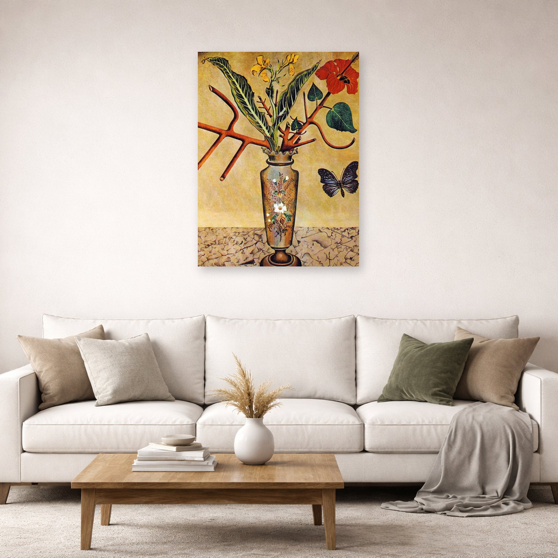 Unframed poster print of Joan Miró's 'Vase and Butterfly' displayed on a wall in a living room