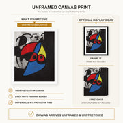 Joan Miró - Woman, Bird canvas print size comparison and framing display infographic