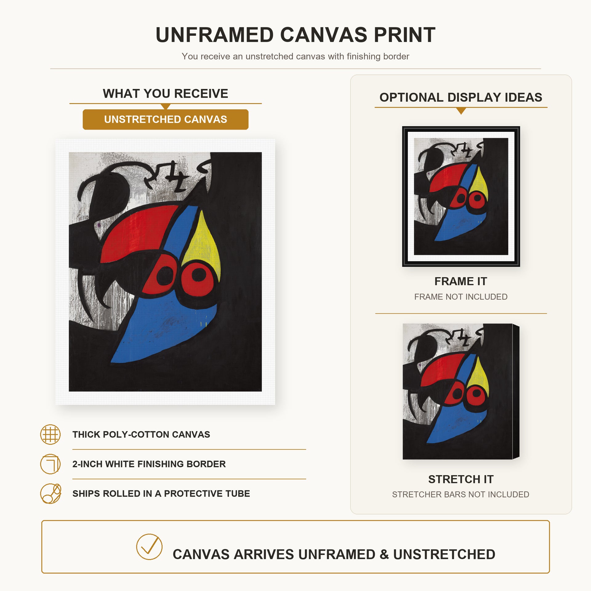 Joan Miró - Woman, Bird canvas print size comparison and framing display infographic