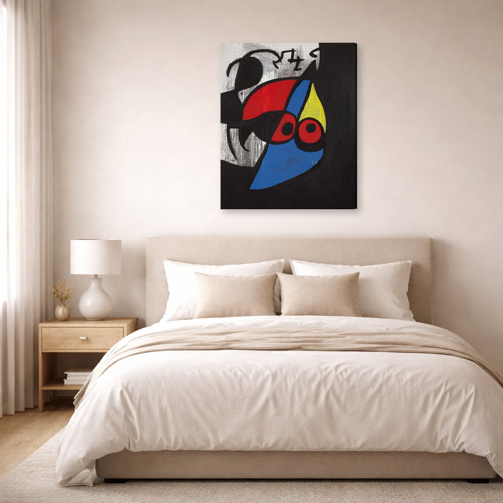 Gallery-wrapped canvas print of Joan Miró's 'Woman, Bird' displayed on a wall in a bedroom