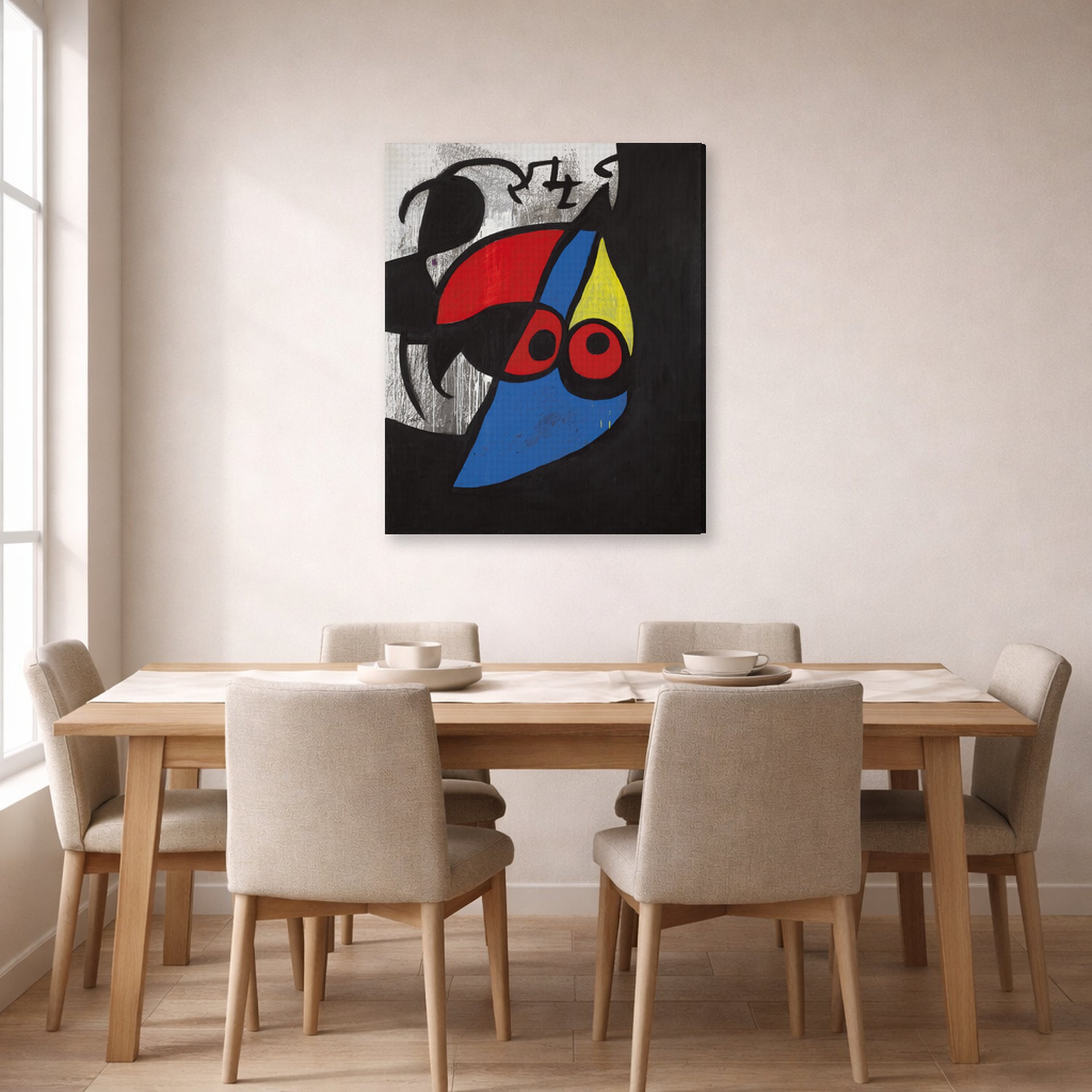 Gallery-wrapped canvas print of Joan Miró's 'Woman, Bird' displayed on a wall in a dining room