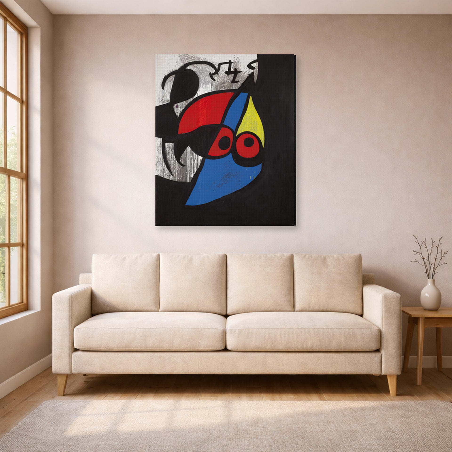 Gallery-wrapped canvas print of Joan Miró's 'Woman, Bird' displayed on a wall in a living room