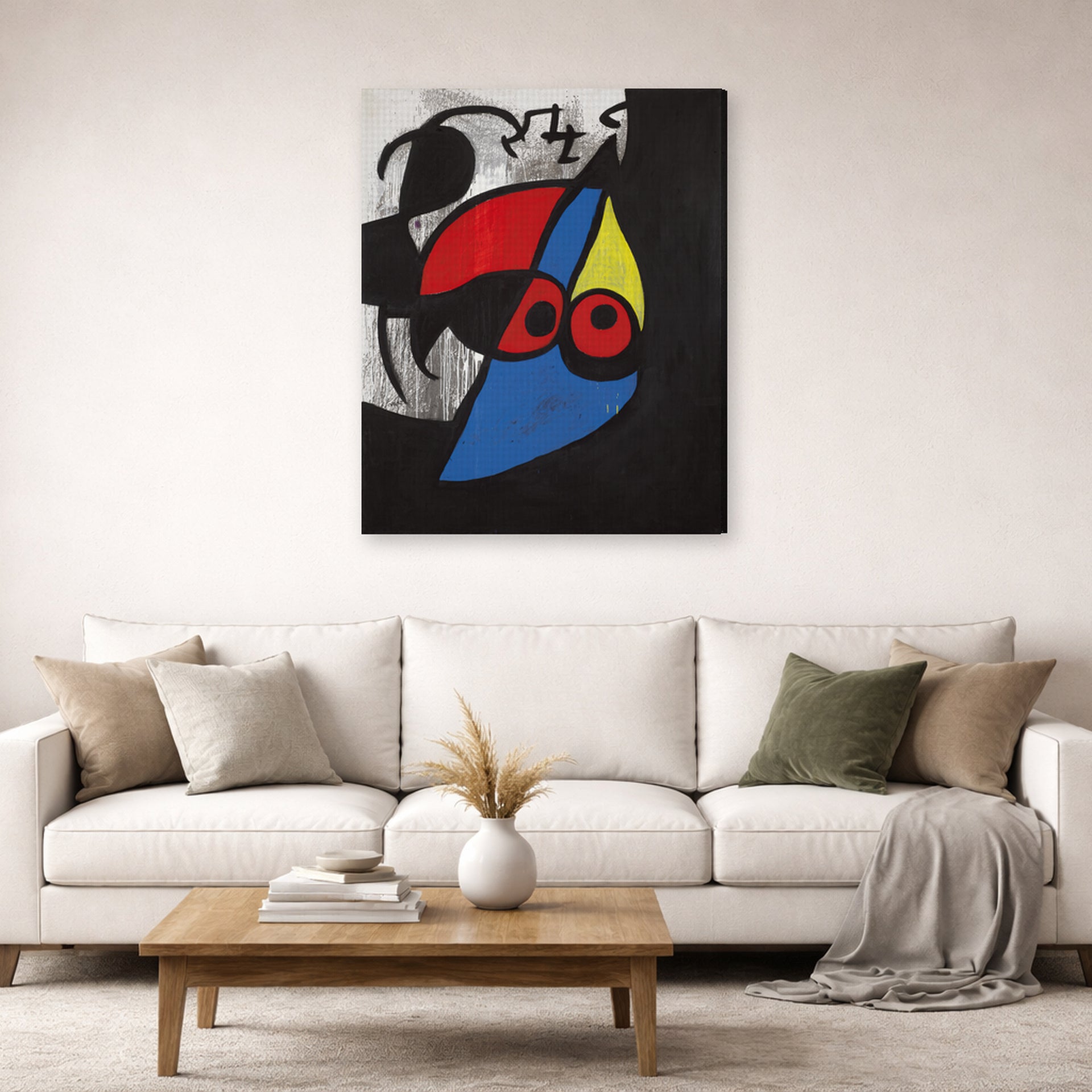 Gallery-wrapped canvas print of Joan Miró's 'Woman, Bird' displayed on a wall in a living room
