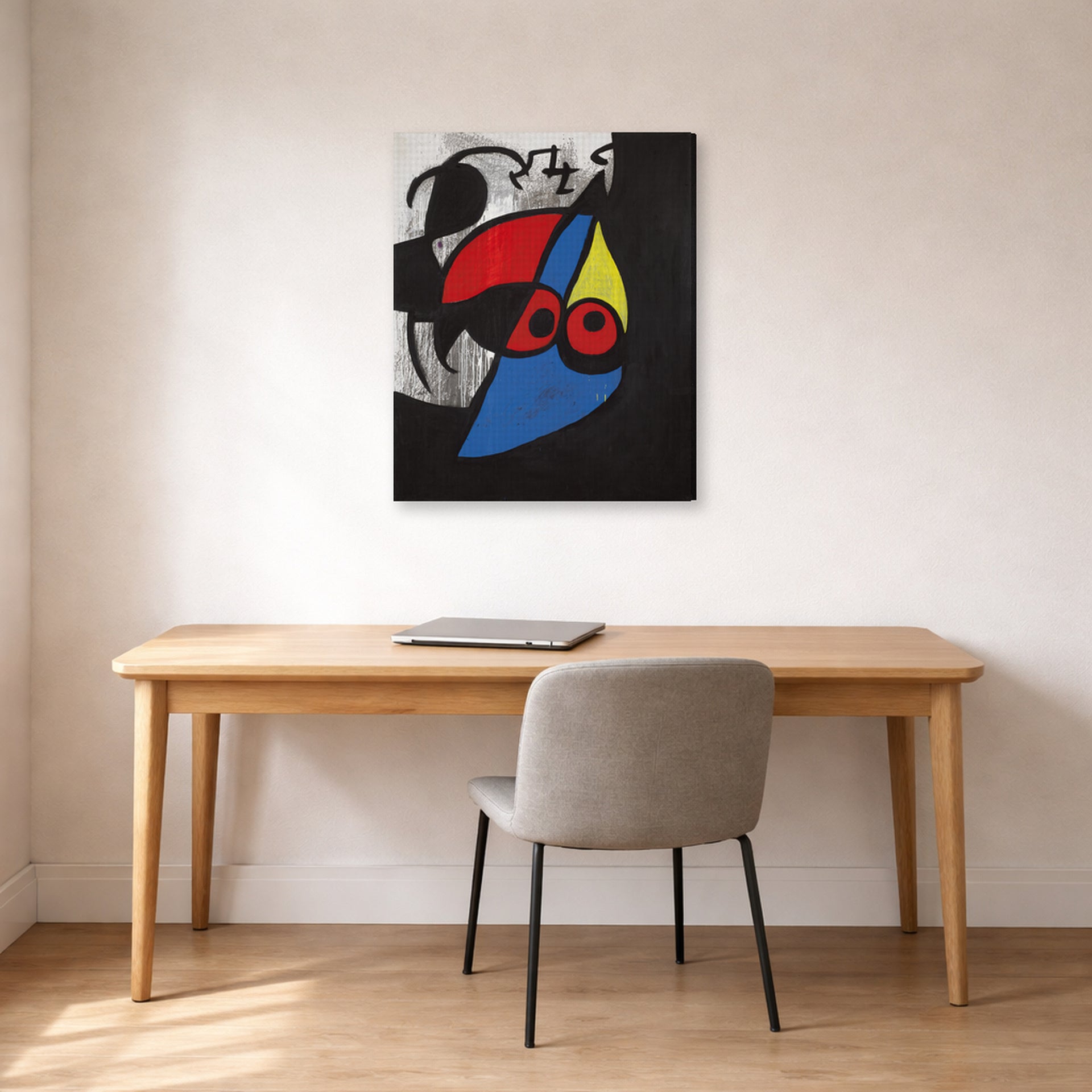 Gallery-wrapped canvas print of Joan Miró's 'Woman, Bird' displayed on a wall in a office