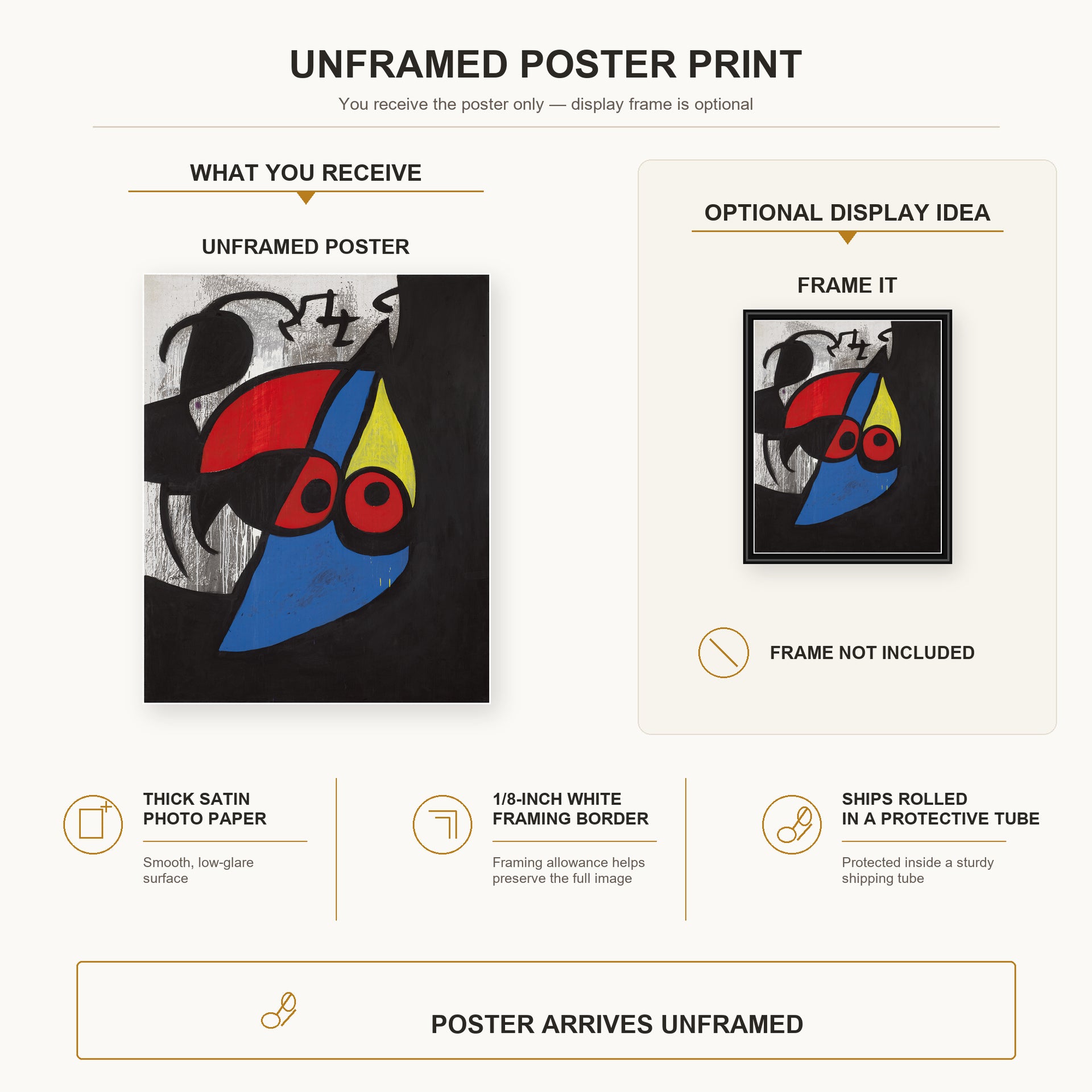 Joan Miró - Woman, Bird poster print size comparison and framing display infographic