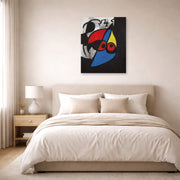 Unframed poster print of Joan Miró's 'Woman, Bird' displayed on a wall in a bedroom