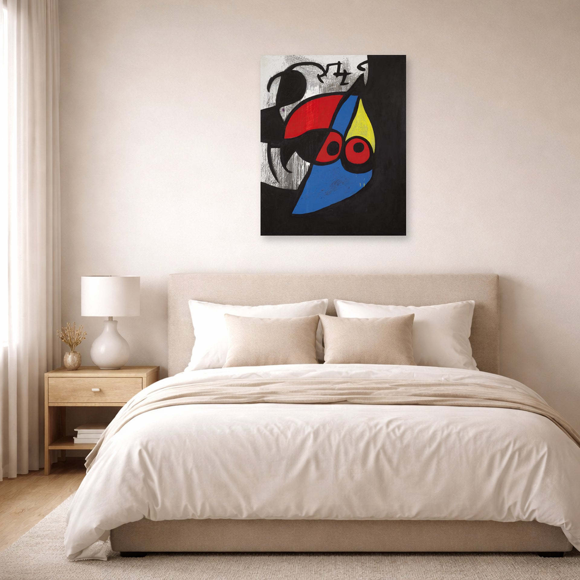 Unframed poster print of Joan Miró's 'Woman, Bird' displayed on a wall in a bedroom