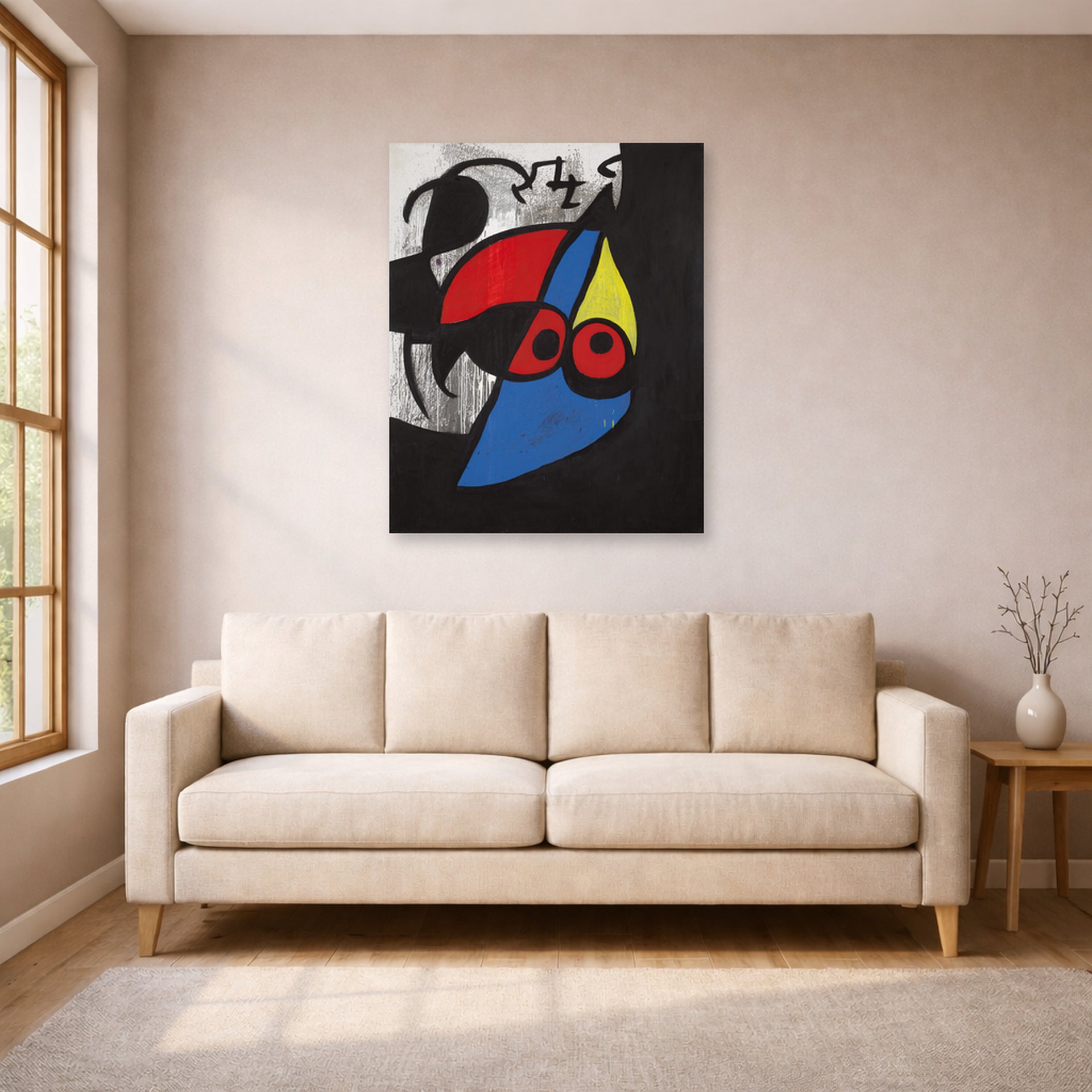 Unframed poster print of Joan Miró's 'Woman, Bird' displayed on a wall in a living room