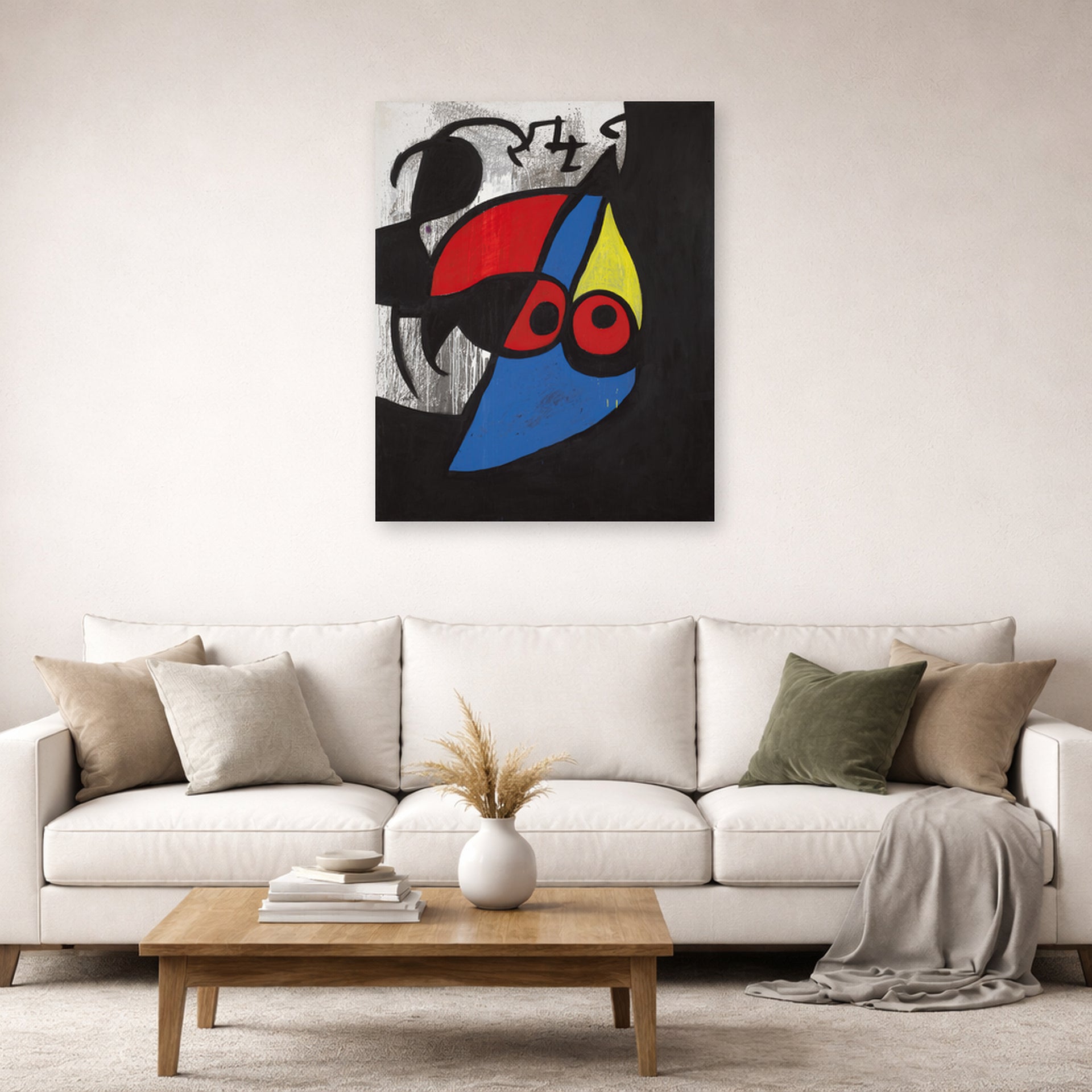Unframed poster print of Joan Miró's 'Woman, Bird' displayed on a wall in a living room