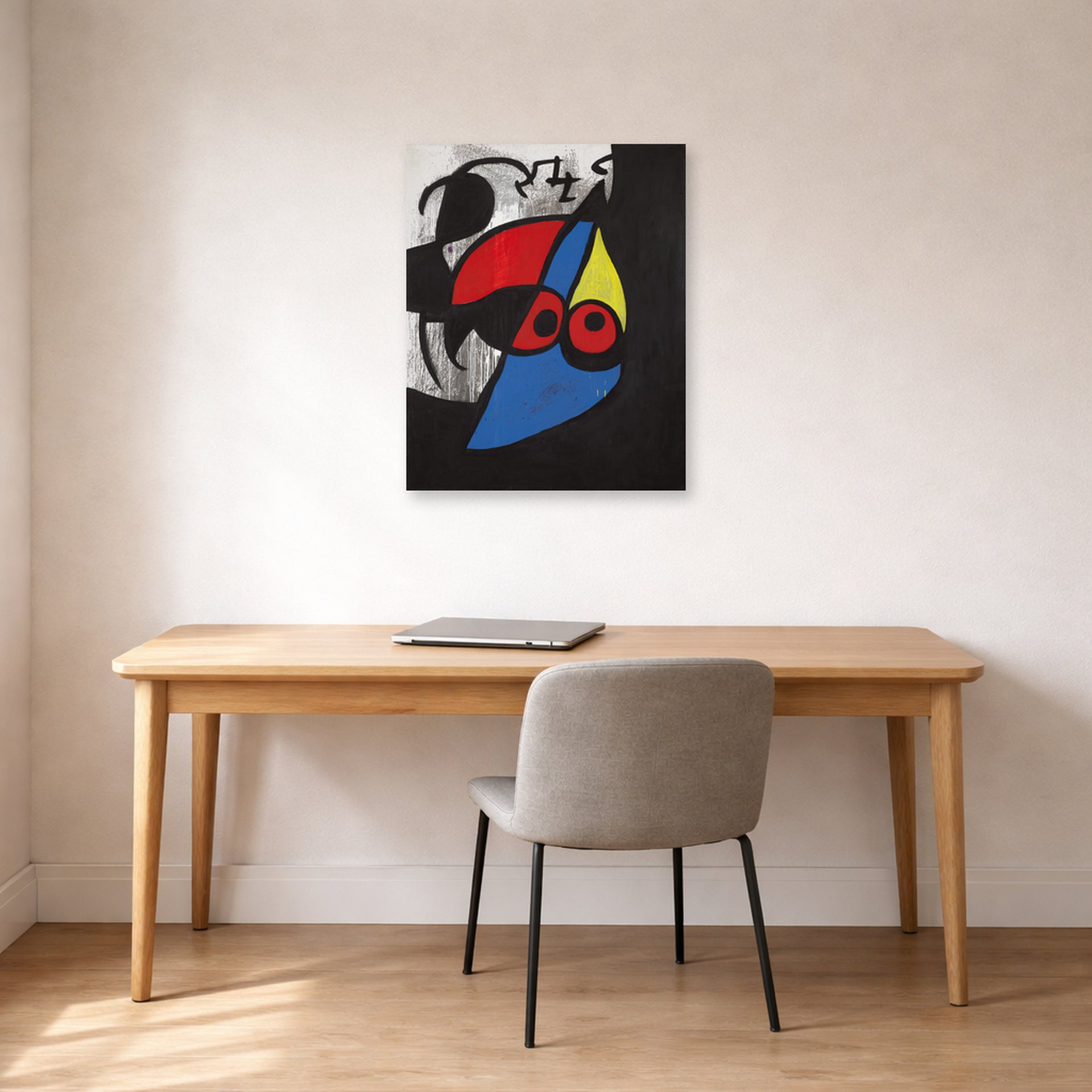 Unframed poster print of Joan Miró's 'Woman, Bird' displayed on a wall in a office